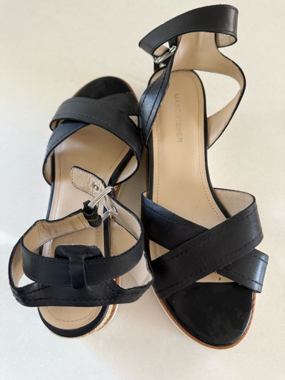 Marc Fisher Black Crisscross Ankle-Strap Espadrille Heel Wedge Sandals 9.5